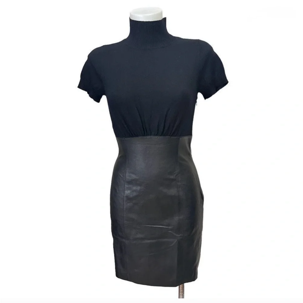 SUSANA MONACO Black Merino Wool Knit & Leather Skirt Mini Dress sz S - Picture 2 of 6